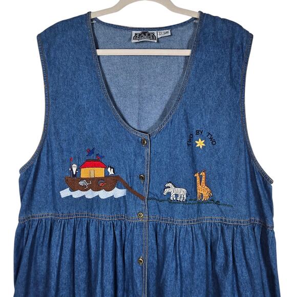 Vintage Denim Dress Womens 20 Noahs Ark Embroidered Jumper Talk America Modest - Picture 2 of 7
